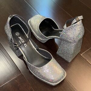 Monki Glittery Silver Block Heels